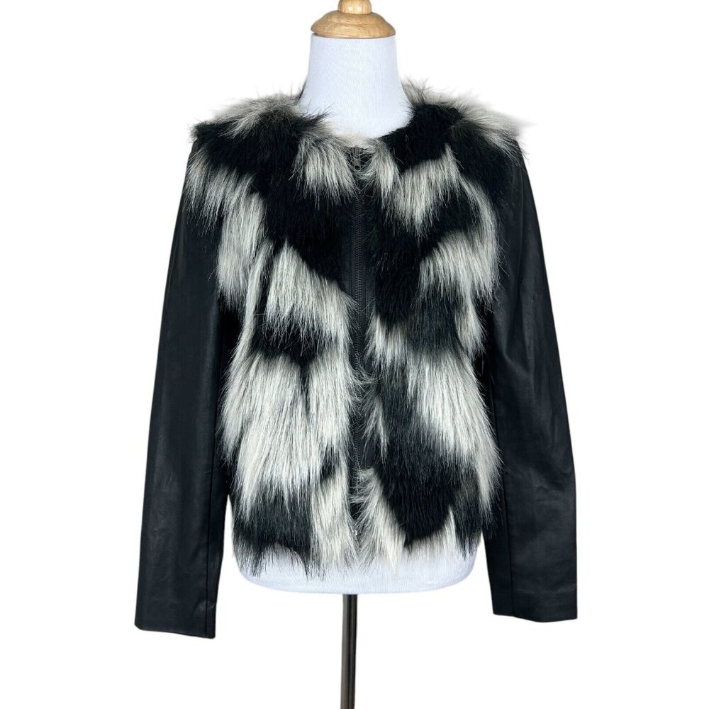 Leith Jacket Womens XS Black White Faux Leather Fur Full Zip Up Mob Wife